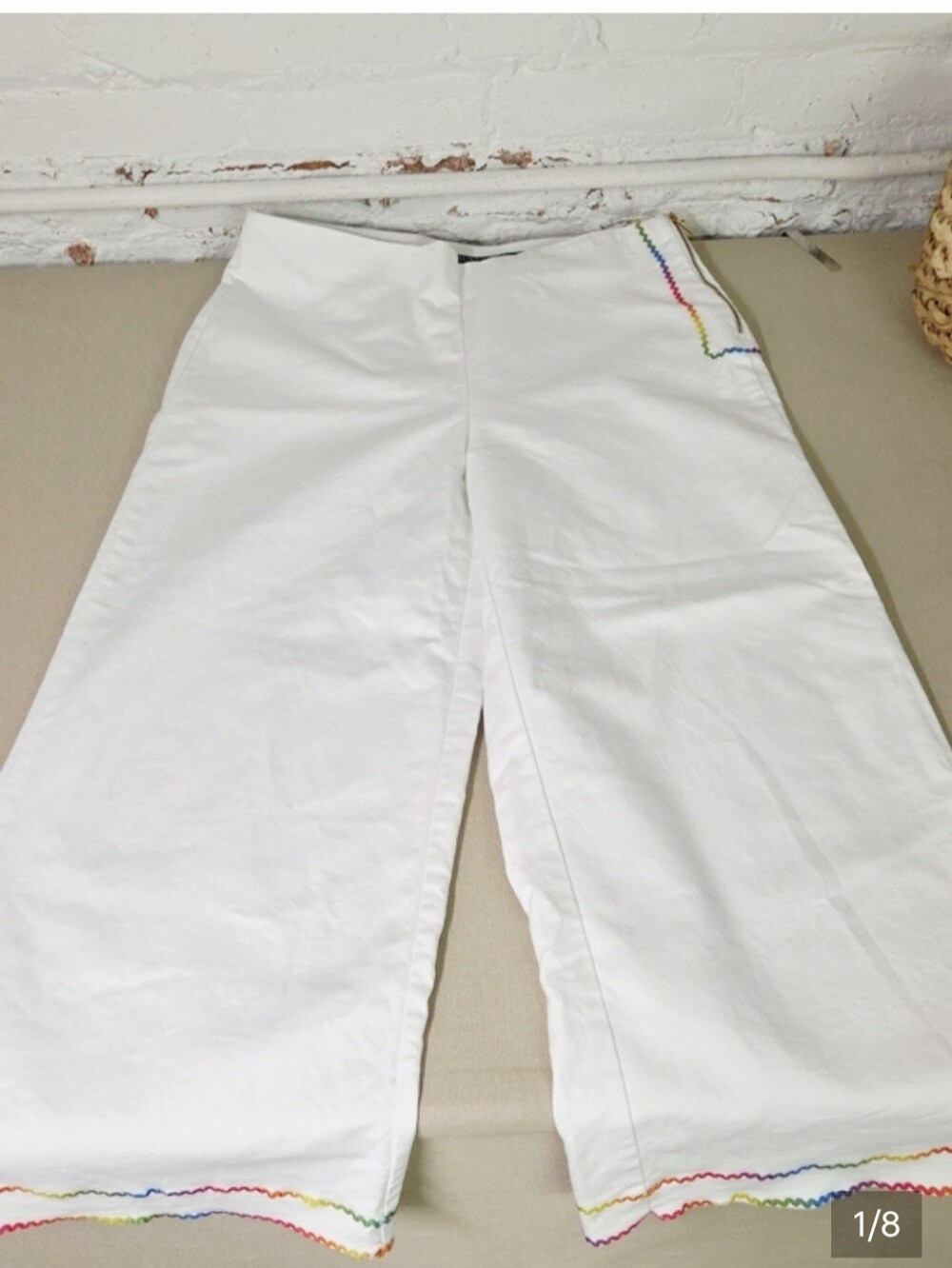 Ralph Lauren White Trousers Wide Leg Crop  Size 12 Cotton Rainbow Accent